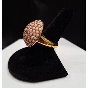 Vintage Pink Beaded Gold-tone Dome Statement Ring – Size 9